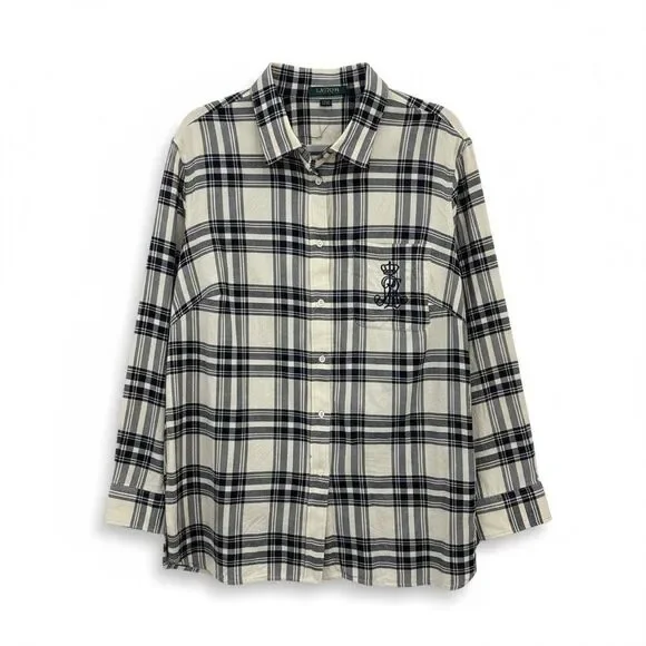 Lauren Ralph Lauren Crest Flannel Button Down Shirt Size Large Blue Plaid - Picture 1 of 5